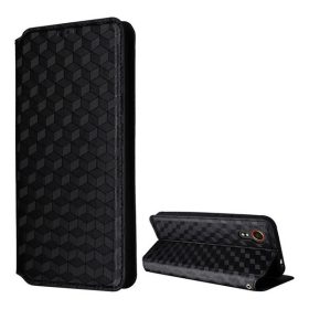   Samsung Galaxy Xcover 7 SM-G556B, Oldalra nyíló tok, bőrhatású, stand, Teljes 3D rombusz minta, prémium, fekete