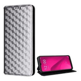   ZTE Blade V50 Design, Oldalra nyíló tok, bőrhatású, stand, Teljes 3D rombusz minta, prémium, ezüst