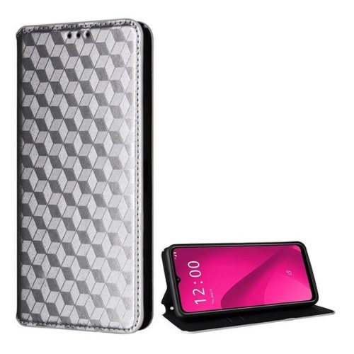 ZTE Blade V50 Design, Oldalra nyíló tok, bőrhatású, stand, Teljes 3D rombusz minta, prémium, ezüst