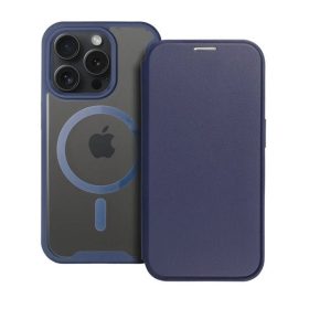   Apple iPhone 15 Pro Max, Oldalra nyíló tok, kártyatartóval, átlátszó hátlap, Magsafe kompatibilis, Smart Mag, sötétkék