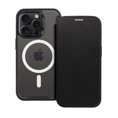 Apple iPhone 13 Pro Max, Oldalra nyíló tok, kártyatartóval, átlátszó hátlap, Magsafe kompatibilis, Smart Mag, fekete