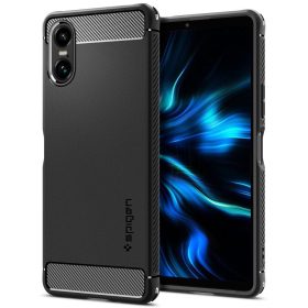   Sony Xperia 10 VI, Szilikon tok, Spigen Rugged Armor, karbon minta, fekete