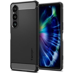   Sony Xperia 1 VI, Szilikon tok, Spigen Rugged Armor, karbon minta, fekete