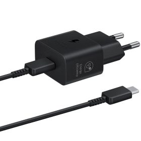   Hálózati töltő adapter, 25W, USB Type-C aljzat, USB Type-C - USB Type-C kábellel, PD, PDO / PPS, GaN, gyorstöltés, Samsung, fekete, gyári