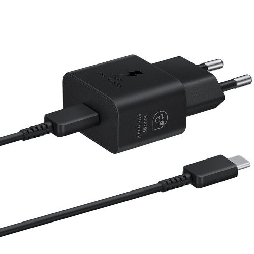 Hálózati töltő adapter, 25W, USB Type-C aljzat, USB Type-C - USB Type-C kábellel, PD, PDO / PPS, GaN, gyorstöltés, Samsung, fekete, gyári