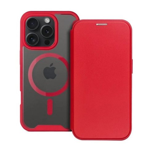 Apple iPhone 16 Pro Max, Oldalra nyíló tok, kártyatartóval, átlátszó hátlap, Magsafe kompatibilis, Smart Mag, piros