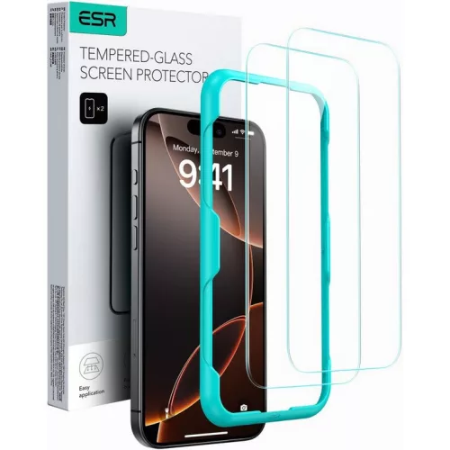Apple iPhone 16 Pro / 17 / 17 Pro, Kijelzővédő fólia, ütésálló fólia (az íves részre is!), Tempered Glass (edzett üveg), segéd kerettel, ESR Armorite, fekete