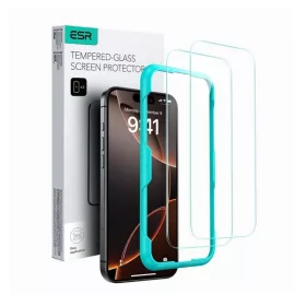   Apple iPhone 16 Pro Max / 17 Pro Max, Kijelzővédő fólia, ütésálló fólia (az íves részre NEM hajlik rá!), Tempered Glass (edzett üveg), segéd kerettel, ESR, Clear, 2 db / csomag