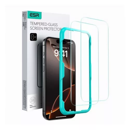 Apple iPhone 16 Pro Max / 17 Pro Max, Kijelzővédő fólia, ütésálló fólia (az íves részre NEM hajlik rá!), Tempered Glass (edzett üveg), segéd kerettel, ESR, Clear, 2 db / csomag