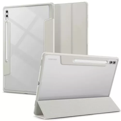 Samsung Galaxy Tab S9 Ultra 14.6 / Tab S10 Ultra 14.6 SM-X910 / X916B / X920 / X926B, mappa tok, légpárnás sarok, közepesen ütésálló, érintőceruza tartóval, Trifold, Spigen Ultra Hybrid Pro, átlátszó/szürke