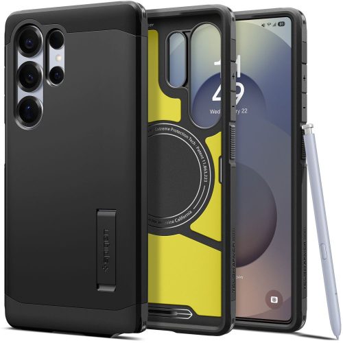 Samsung Galaxy S25 Ultra SM-S938, Szilikon tok + műanyag hátlap, Magsafe töltővel kompatibilis, kitámasztóval, Spigen Tough Armor Mag, fekete