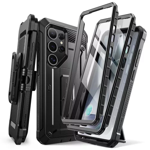 Samsung Galaxy S25 Ultra SM-S938, Műanyag hátlap védőtok + képernyővédő, 2 db előlapi kerettel, közepesen ütésálló, telefontartó gyűrű, kitámasztóval, övre fűzhető, SupCase Unicorn Beetle Pro, fekete