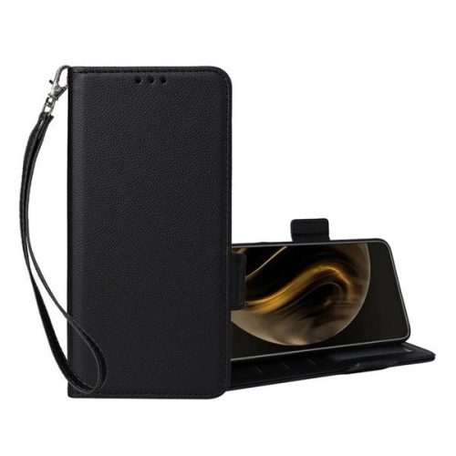 Huawei Nova 13 Pro, Oldalra nyíló tok, stand, kártyatartóval, kézpánttal, bőrhatású, prémium, fekete