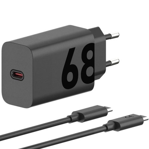 Hálózati töltő adapter, 68W, USB Type-C aljzat, USB Type-C - USB Type-C kábellel, PD, GaN, gyorstöltés, Motorola TurboPower, fekete, gyári