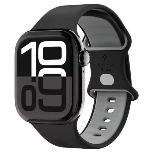 Apple Watch 4-6, SE, SE (2022), SE (2025) (38 / 40 mm) / Watch 7-9 (41 mm) / Watch 10-11 (42 mm), szilikon pótszíj, állítható, Spigen Nano Pop, fekete/szürke