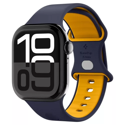 Apple Watch 4-6, SE, SE (2022), SE (2025) (38 / 40 mm) / Watch 7-9 (41 mm) / Watch 10-11 (42 mm), szilikon pótszíj, állítható, Spigen Nano Pop, sötétkék/sárga