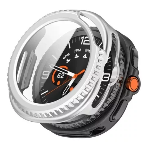 Samsung Galaxy Watch 8 Classic (46 mm) SM-L500 / L505, Műanyag védőkeret, kijelzővédő üveggel, közepesen ütésálló, szíj nélkül, ezüst