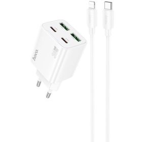   Hálózati töltő adapter, 30W, 2 x USB aljzat, 2 x USB Type-C aljzat, USB Type-C - Lightning kábellel, gyorstöltés, PD, GaN, QC 3.0, Hoco N56 Fundador, fehér