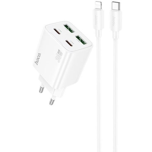 Hálózati töltő adapter, 30W, 2 x USB aljzat, 2 x USB Type-C aljzat, USB Type-C - Lightning kábellel, gyorstöltés, PD, GaN, QC 3.0, Hoco N56 Fundador, fehér