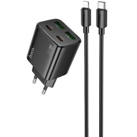   Hálózati töltő adapter, 30W, 2 x USB aljzat, 2 x USB Type-C aljzat, USB Type-C - Lightning kábellel, gyorstöltés, PD, GaN, QC 3.0, Hoco N56 Fundador, fekete