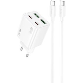   Hálózati töltő adapter, 30W, 2 x USB aljzat, 2 x USB Type-C aljzat, USB Type-C - USB Type-C kábellel, gyorstöltés, PD, GaN, QC 3.0, Hoco N56 Fundador, fehér