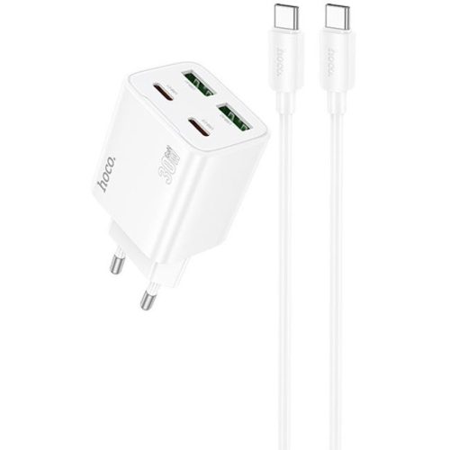 Hálózati töltő adapter, 30W, 2 x USB aljzat, 2 x USB Type-C aljzat, USB Type-C - USB Type-C kábellel, gyorstöltés, PD, GaN, QC 3.0, Hoco N56 Fundador, fehér