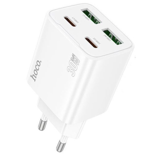 Hálózati töltő adapter, 30W, 2 x USB aljzat, 2 x USB Type-C aljzat, gyorstöltés, PD, GaN, QC 3.0, Hoco N56 Fundador, fehér