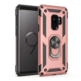   Samsung Galaxy S9 SM-G960, Műanyag hátlap védőtok, közepesen ütésálló, szilikon belső, telefontartó gyűrű, Defender, vörösarany