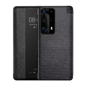   Huawei P40, Oldalra nyíló tok, valódi bőrtok, hívás mutatós, érdes felület, Smart View Cover, fekete (utángyártott)
