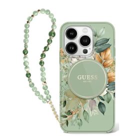   Guess IML Flowers iPhone 16 Plus kemény hátlap tok karpánttal, zöld GUHMP16MHFWBRCESN