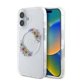   Guess IML Flowers Wreath iPhone 16 Plus MagSafe kemény hátlap tok, átlátszó GUHMP16MHFWFCT