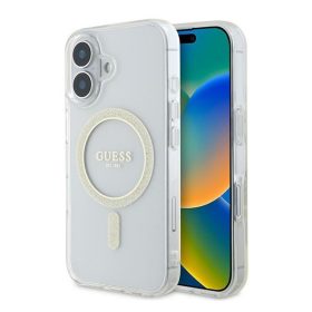   Guess IML Glitter Circle iPhone 16 MagSafe kemény hátlap tok, átlátszó GUHMP16SHFGERET