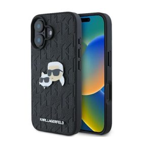   Karl Lagerfeld Monogram Karl&Chaoupette Head Pin iPhone 16 kemény hátlap tok, fekete KLHCP16SPGKLKCPK