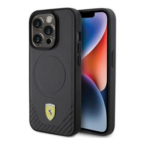   Ferrari Carbon Metal Logo iPhone 15 Pro MagSafe kompatibilis kemény hátlap tok, fekete FEHMP15LPTEK