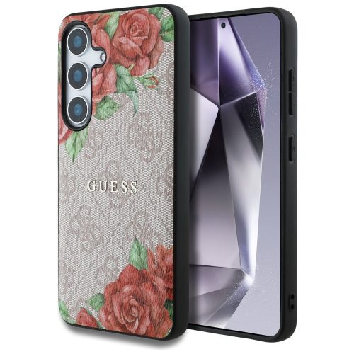 Guess Leather 4G Flowers Print Metal Classic Logo MagSafe Samsung Galaxy S25 kemény hátlap tok, rózsaszín