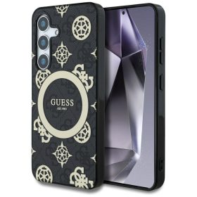   Guess 4G Background Gold Electroplated Peony Pattern Samsung Galaxy S25 MagSafe kemény hátlap tok, fekete