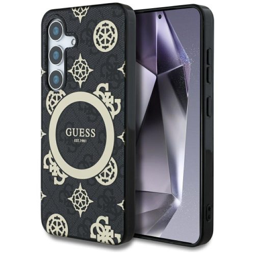 Guess 4G Background Gold Electroplated Peony Pattern Samsung Galaxy S25 MagSafe kemény hátlap tok, fekete