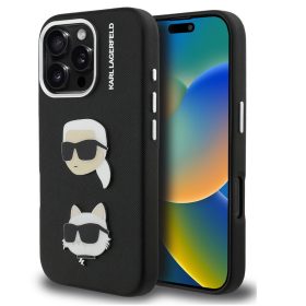   Karl Lagerfeld Grained PU K&CH Heads iPhone 16 Pro Max hátlap tok, fekete