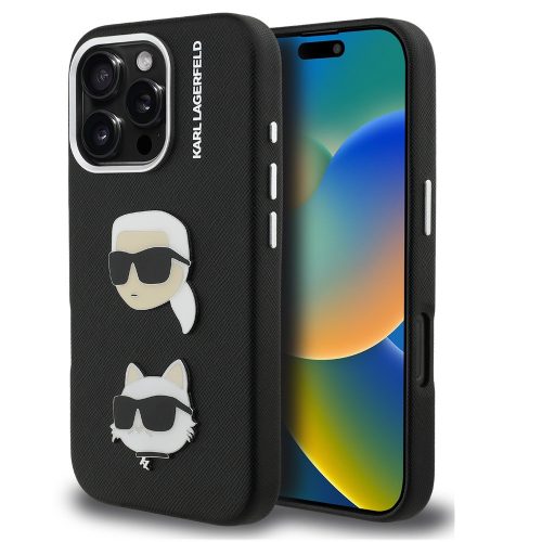 Karl Lagerfeld Grained PU K&CH Heads iPhone 16 Pro Max hátlap tok, fekete