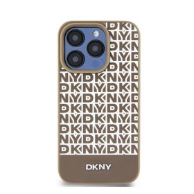   DKNY PU Leather Repeat Pattern Bottom Stripe Apple iPhone 15 Pro tok, barna