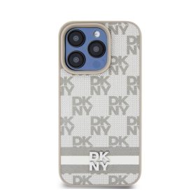   DKNY PU Leather Checkered Pattern and Stripe iPhone 15 Pro Max hátlap tok, bézs