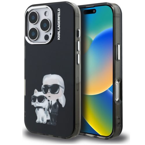 Karl Lagerfeld IML Aquarelle Karl and Choupette iPhone 15 Pro Max hátlap tok, fekete