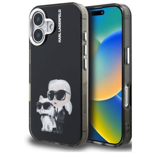 Karl Lagerfeld IML Aquarelle Karl and Choupette iPhone 16 hátlap tok, fekete