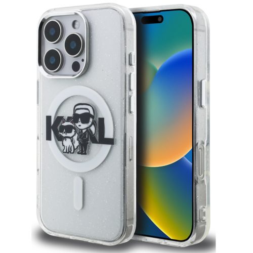 Karl Lagerfeld IML Glitter Karl and Choupette Sketch iPhone 15 Pro Max MagSafe kompatibilis hátlap tok, átlátszó