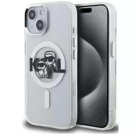   Karl Lagerfeld IML Glitter Karl and Choupette Sketch iPhone 15 MagSafe kompatibilis hátlap tok, átlátszó