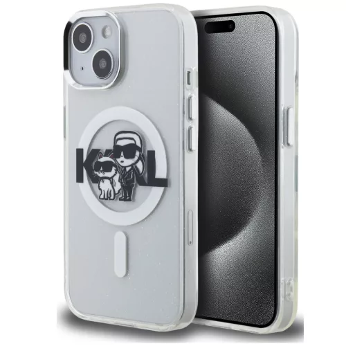 Karl Lagerfeld IML Glitter Karl and Choupette Sketch iPhone 15 MagSafe kompatibilis hátlap tok, átlátszó