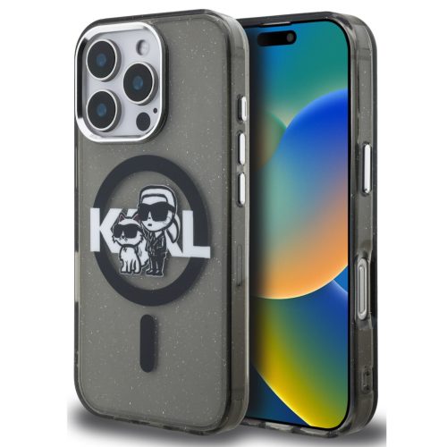 Karl Lagerfeld IML Glitter Karl and Choupette Sketch iPhone 16 Pro Max MagSafe kompatibilis hátlap tok, fekete