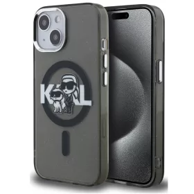   Karl Lagerfeld IML Glitter Karl and Choupette Sketch iPhone 15 MagSafe kompatibilis hátlap tok, fekete