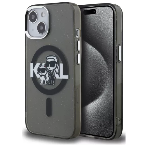 Karl Lagerfeld IML Glitter Karl and Choupette Sketch iPhone 15 MagSafe kompatibilis hátlap tok, fekete