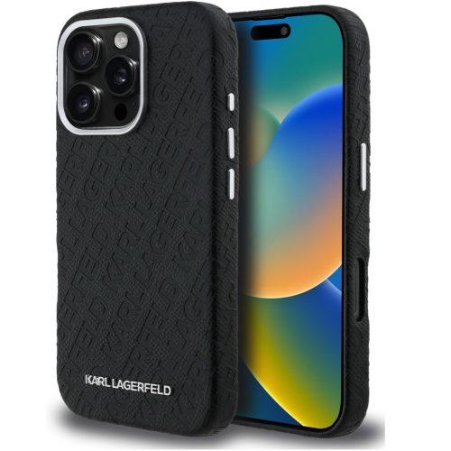 Karl Lagerfeld Grained PU Repeated Logo iPhone 16 Pro Max MagSafe kompatibilis hátlap tok, fekete
